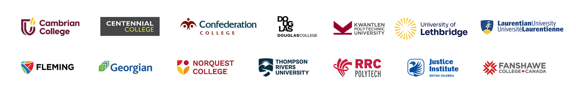 Featured Canadian institutions: Cambrian College, Centennial College, Confederation College, Douglas College, Kwantlen Polytechnic University, University of Lethbridge, Laurentian University, Fleming College, Georgian College, NorQuest College, Thompson Rivers University, RRC Polytech, Justice Institute of British Columbia, Fanshawe College